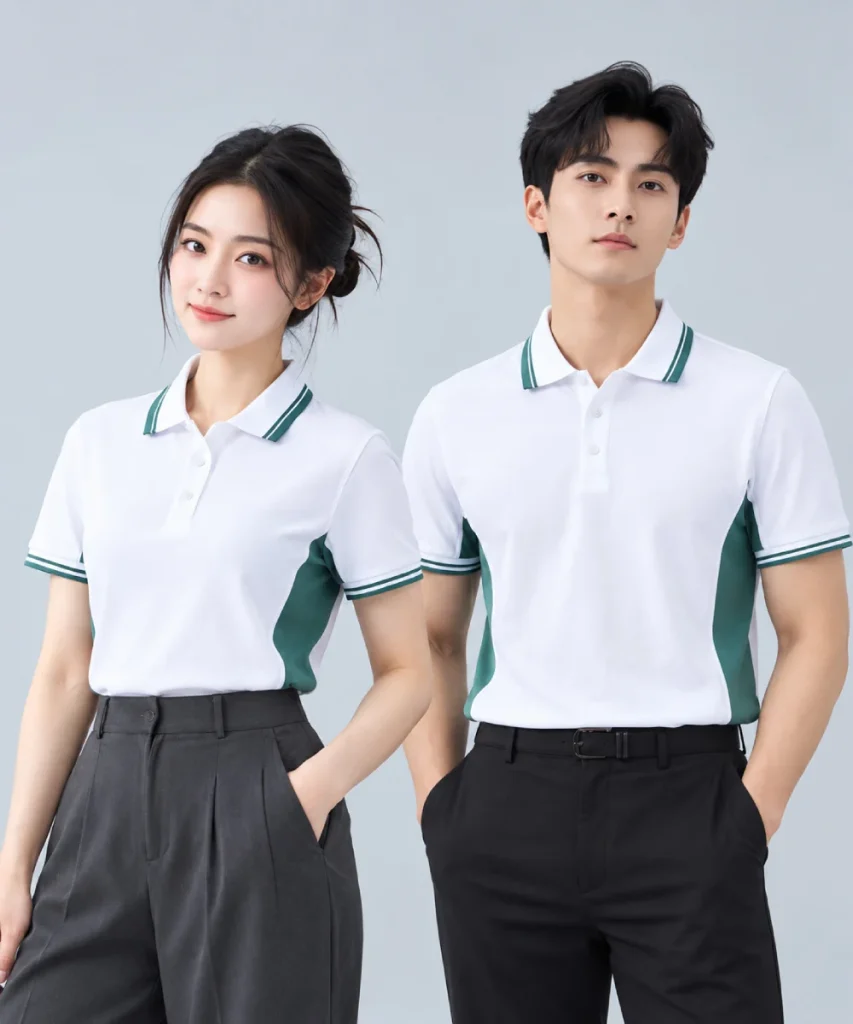 Áo Polo Đồng Phục Màu Trắng Phối Xanh Lá Đậm Viền Cổ Và Tay