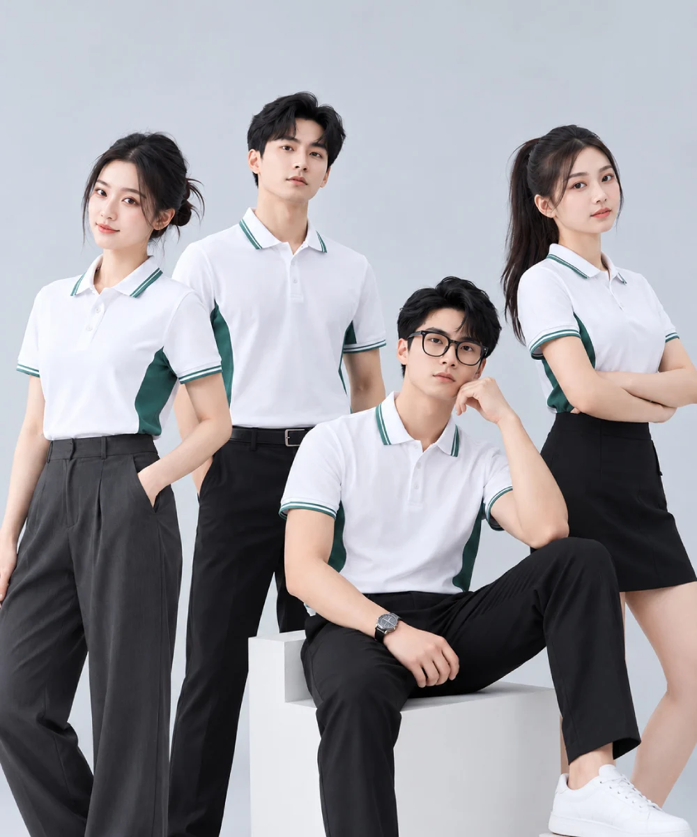 Áo Polo Đồng Phục Màu Trắng Phối Xanh Lá Đậm Viền Cổ Và Tay