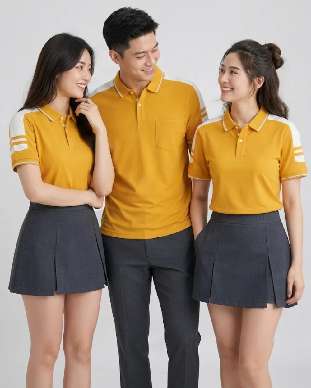 Áo Polo Đồng Phục Màu Vàng Cúc Cầu Vai Trắng