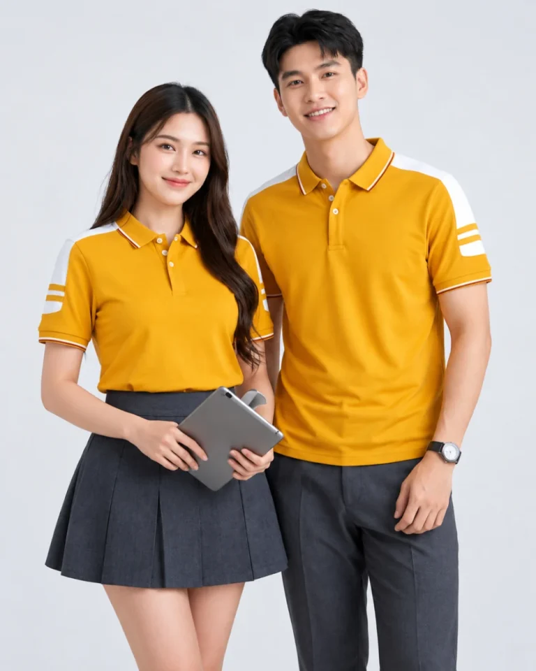 Áo Polo Đồng Phục Màu Vàng Cúc Cầu Vai Trắng
