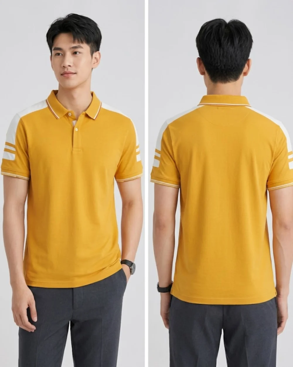 Áo Polo Đồng Phục Màu Vàng Cúc Cầu Vai Trắng
