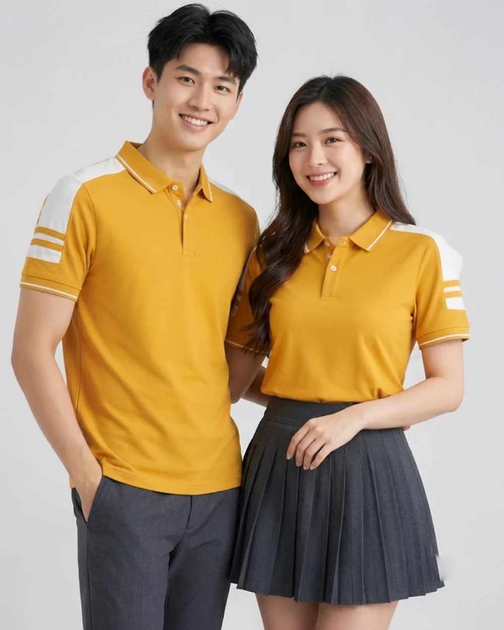 Áo Polo Đồng Phục Màu Vàng Cúc Cầu Vai Trắng