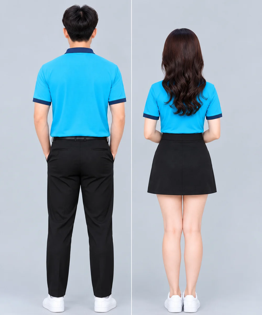 Áo Polo Đồng Phục Màu Xanh Da Trời Phối Cổ Tím Than