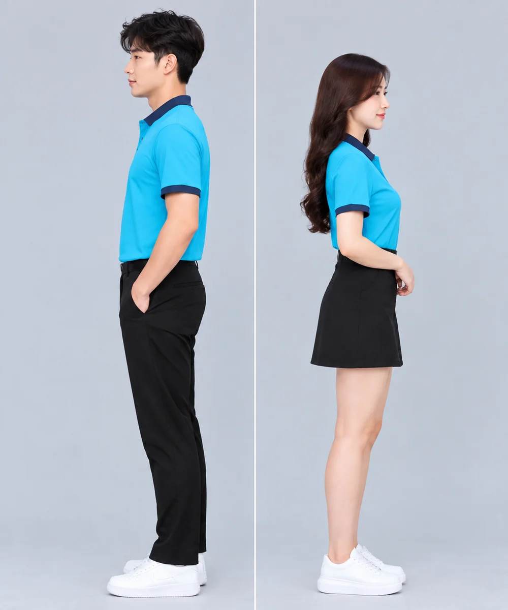 Áo Polo Đồng Phục Màu Xanh Da Trời Phối Cổ Tím Than