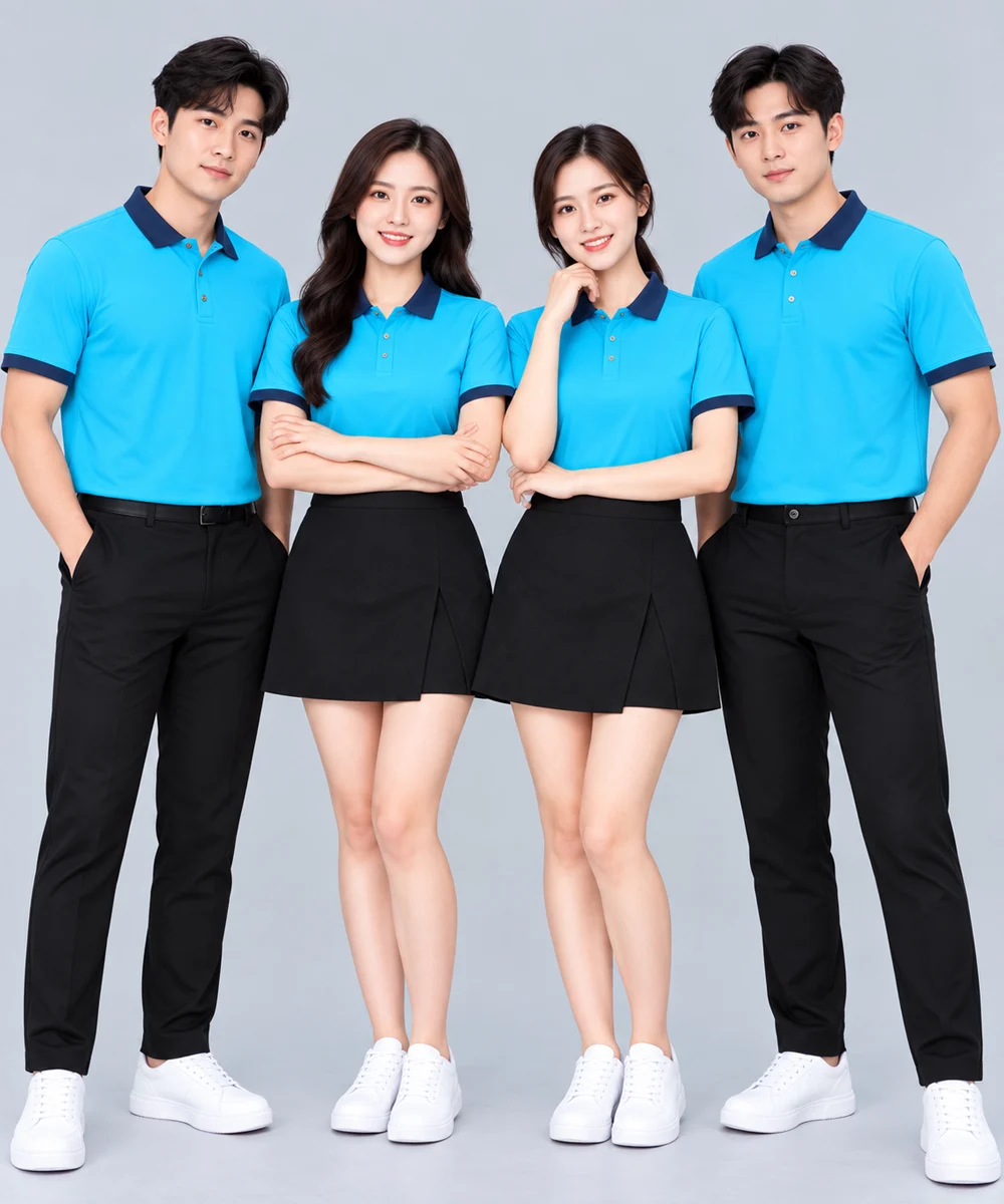 Áo Polo Đồng Phục Màu Xanh Da Trời Phối Cổ Tím Than