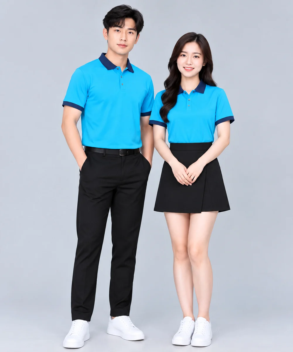 Áo Polo Đồng Phục Màu Xanh Da Trời Phối Cổ Tím Than