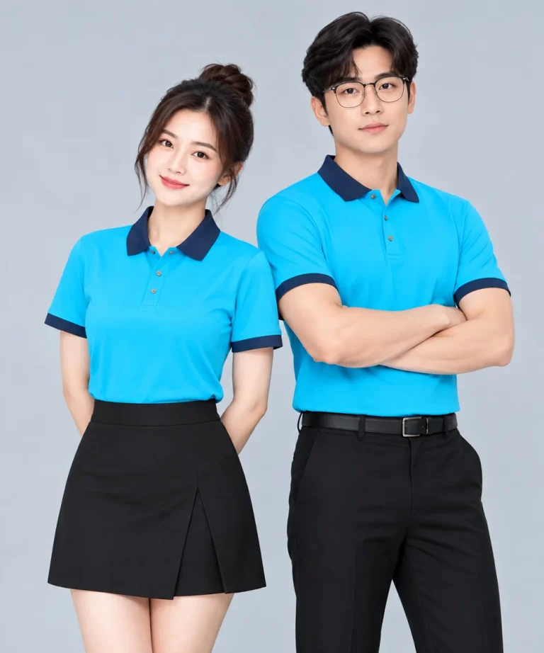 Áo Polo Đồng Phục Màu Xanh Da Trời Phối Cổ Tím Than