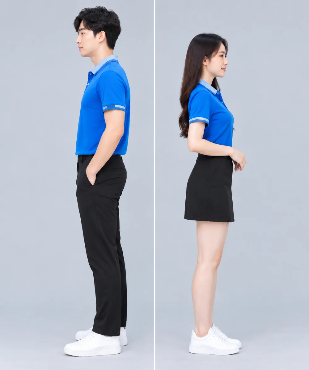Áo Polo Đồng Phục Màu Xanh Dương Cổ Phối Xanh Nhạt Viền Tay