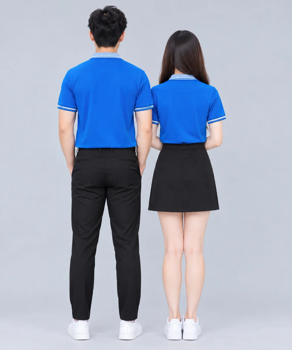 Áo Polo Đồng Phục Màu Xanh Dương Cổ Phối Xanh Nhạt Viền Tay