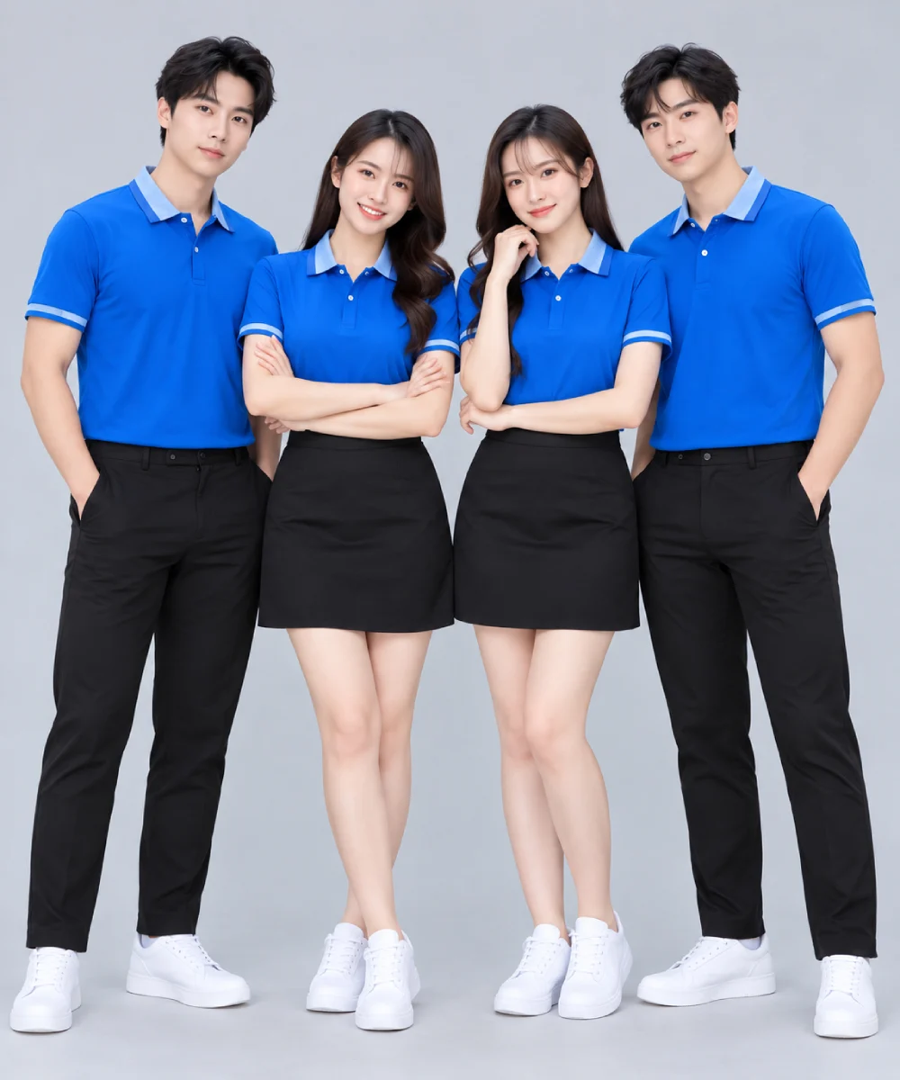 Áo Polo Đồng Phục Màu Xanh Dương Cổ Phối Xanh Nhạt Viền Tay