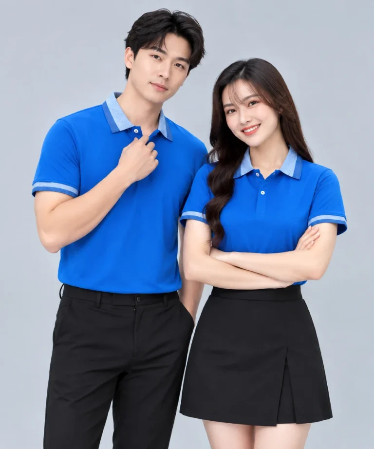Áo Polo Đồng Phục Màu Xanh Dương Cổ Phối Xanh Nhạt Viền Tay