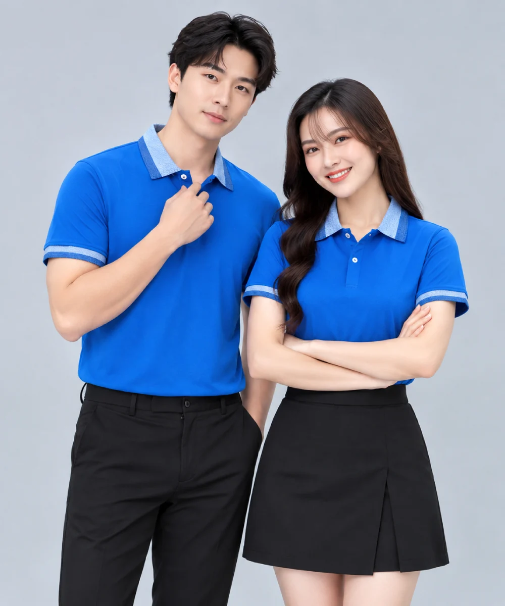 Áo Polo Đồng Phục Màu Xanh Dương Cổ Phối Xanh Nhạt Viền Tay