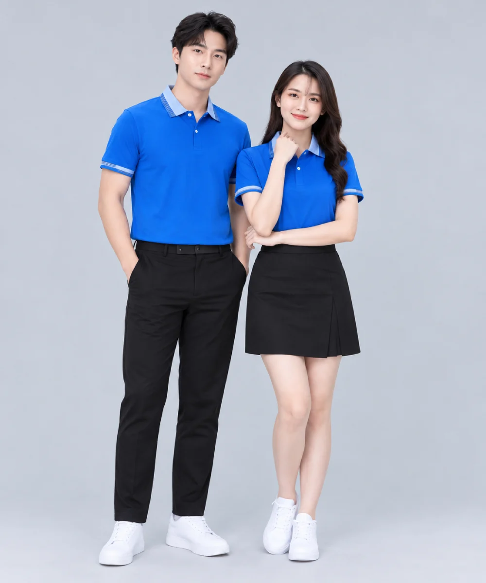 Áo Polo Đồng Phục Màu Xanh Dương Cổ Phối Xanh Nhạt Viền Tay
