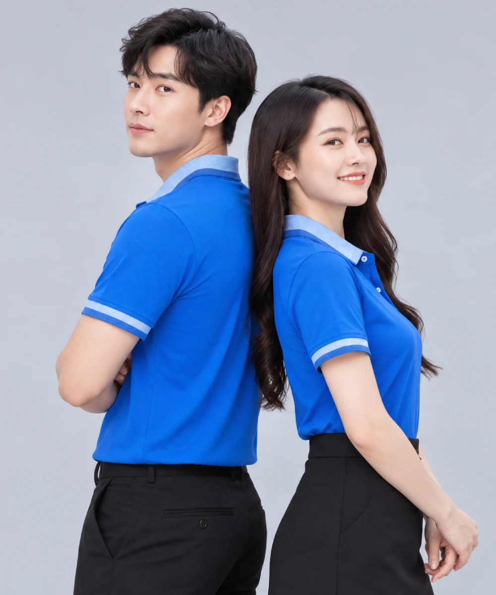 Áo Polo Đồng Phục Màu Xanh Dương Cổ Phối Xanh Nhạt Viền Tay