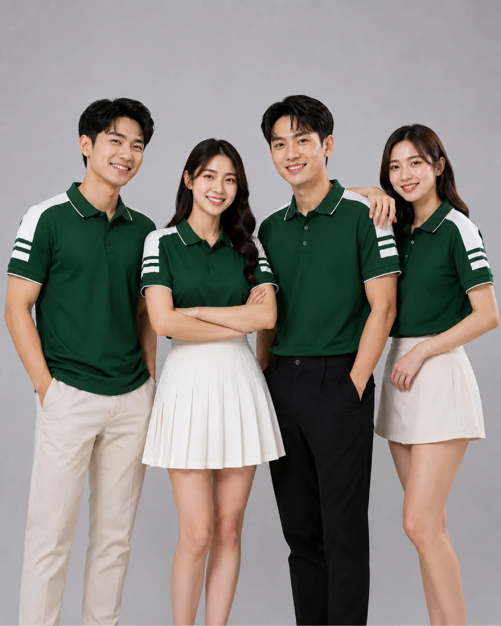 Áo Polo Đồng Phục Màu Xanh Lá Cây Cầu Vai Trắng