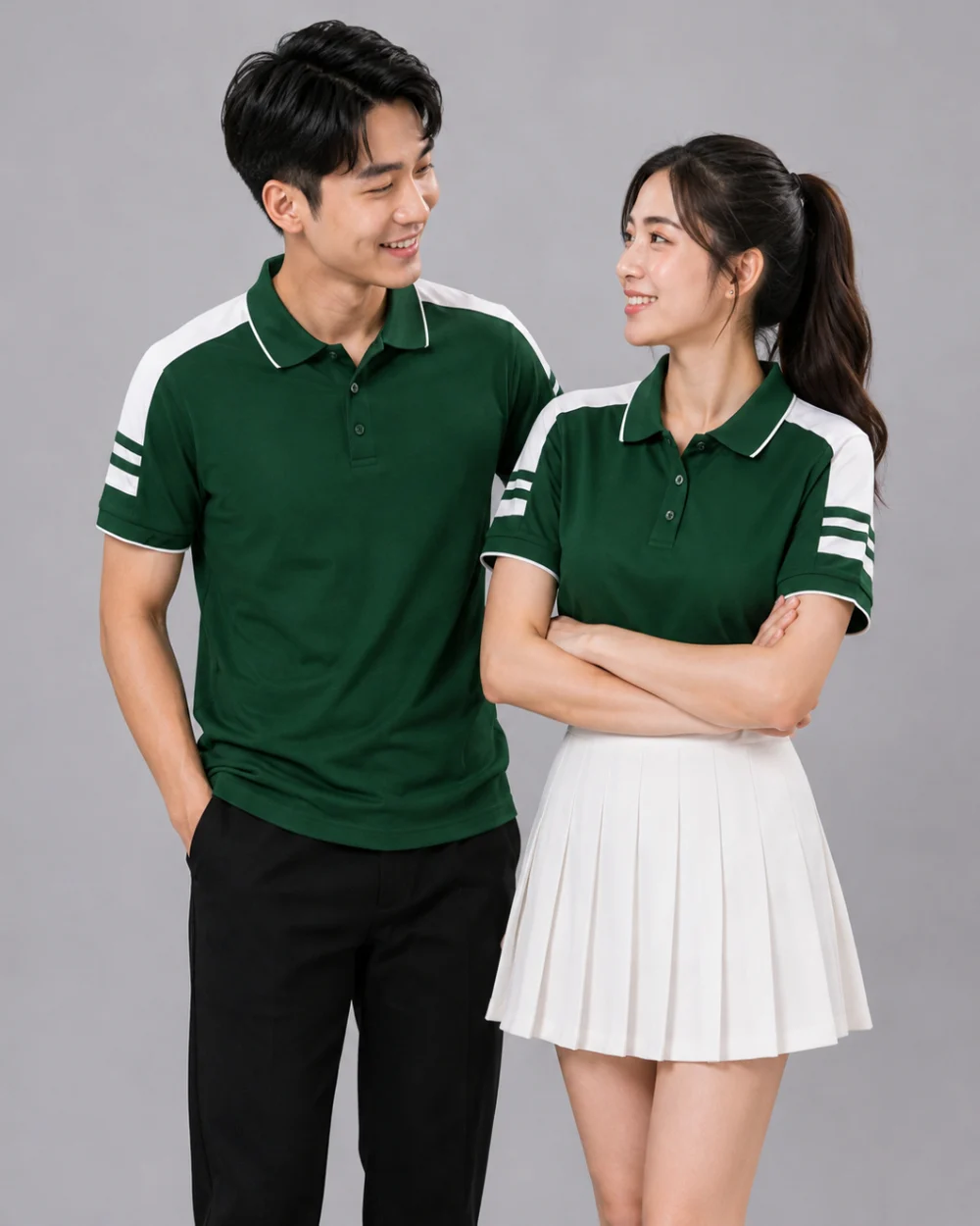 Áo Polo Đồng Phục Màu Xanh Lá Cây Cầu Vai Trắng