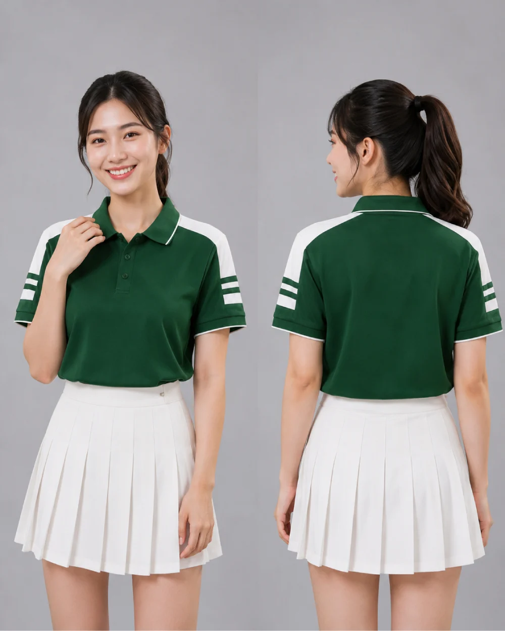 Áo Polo Đồng Phục Màu Xanh Lá Cây Cầu Vai Trắng