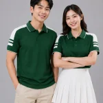 Áo Polo Đồng Phục Màu Xanh Lá Cây Cầu Vai Trắng