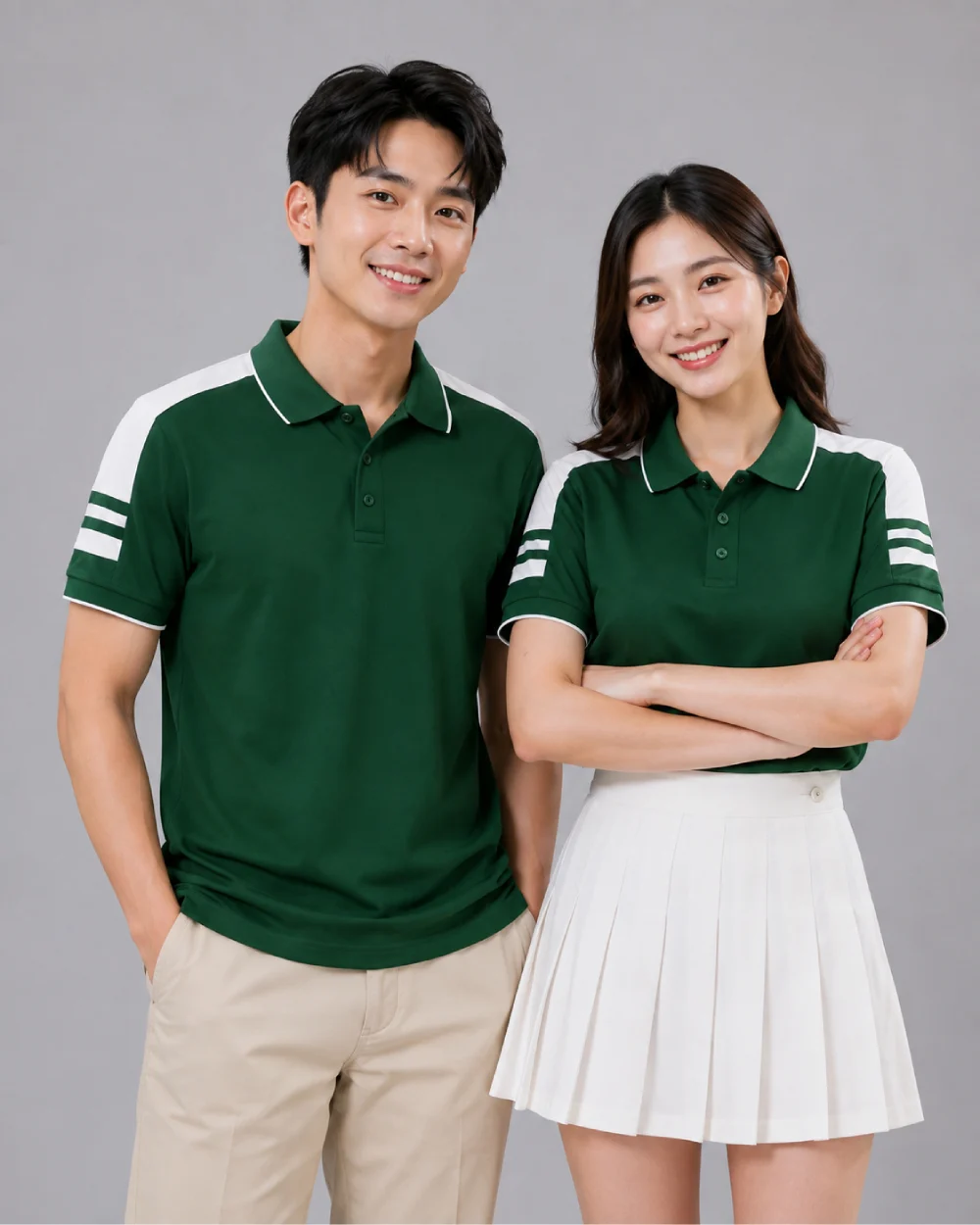 Áo Polo Đồng Phục Màu Xanh Lá Cây Cầu Vai Trắng