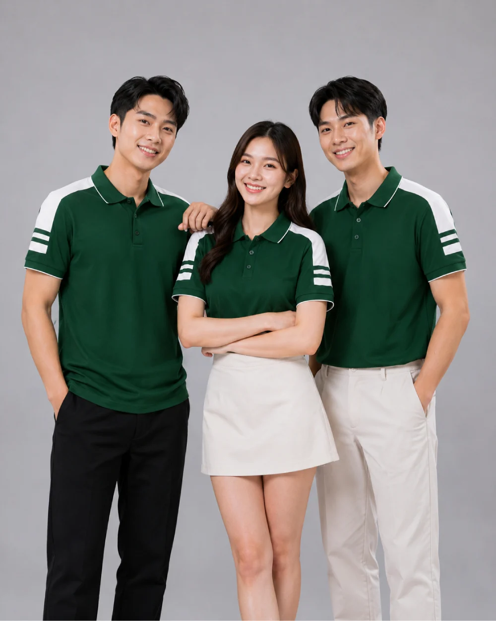 Áo Polo Đồng Phục Màu Xanh Lá Cây Cầu Vai Trắng