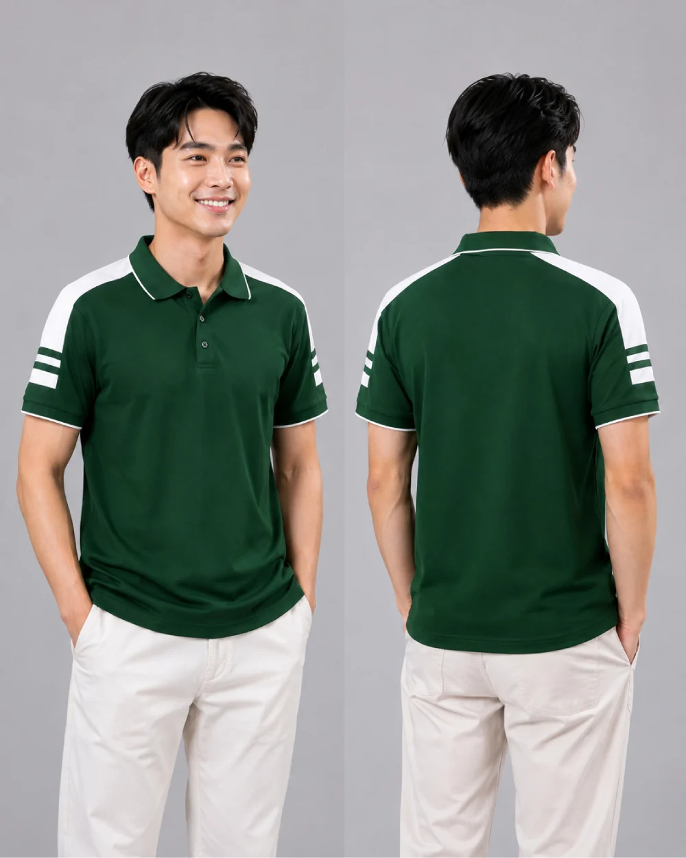 Áo Polo Đồng Phục Màu Xanh Lá Cây Cầu Vai Trắng