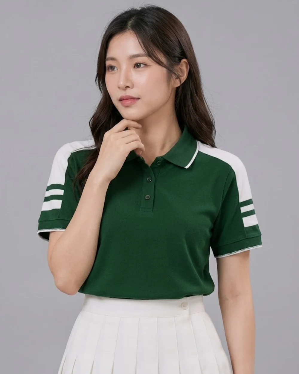 Áo Polo Đồng Phục Màu Xanh Lá Cây Cầu Vai Trắng