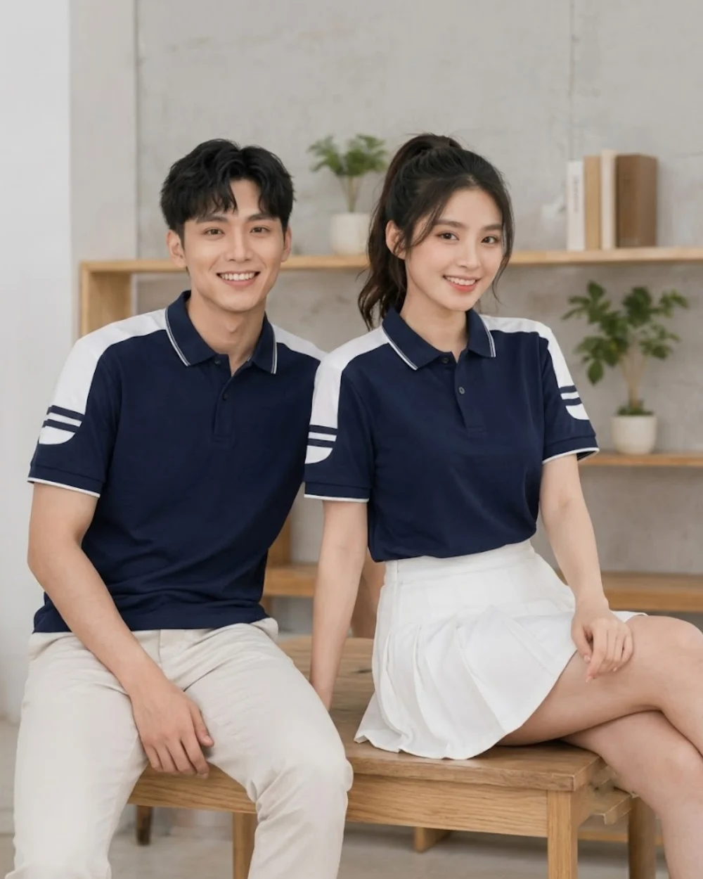 Áo Polo Đồng Phục Màu Xanh Navy Cầu Vai Trắng