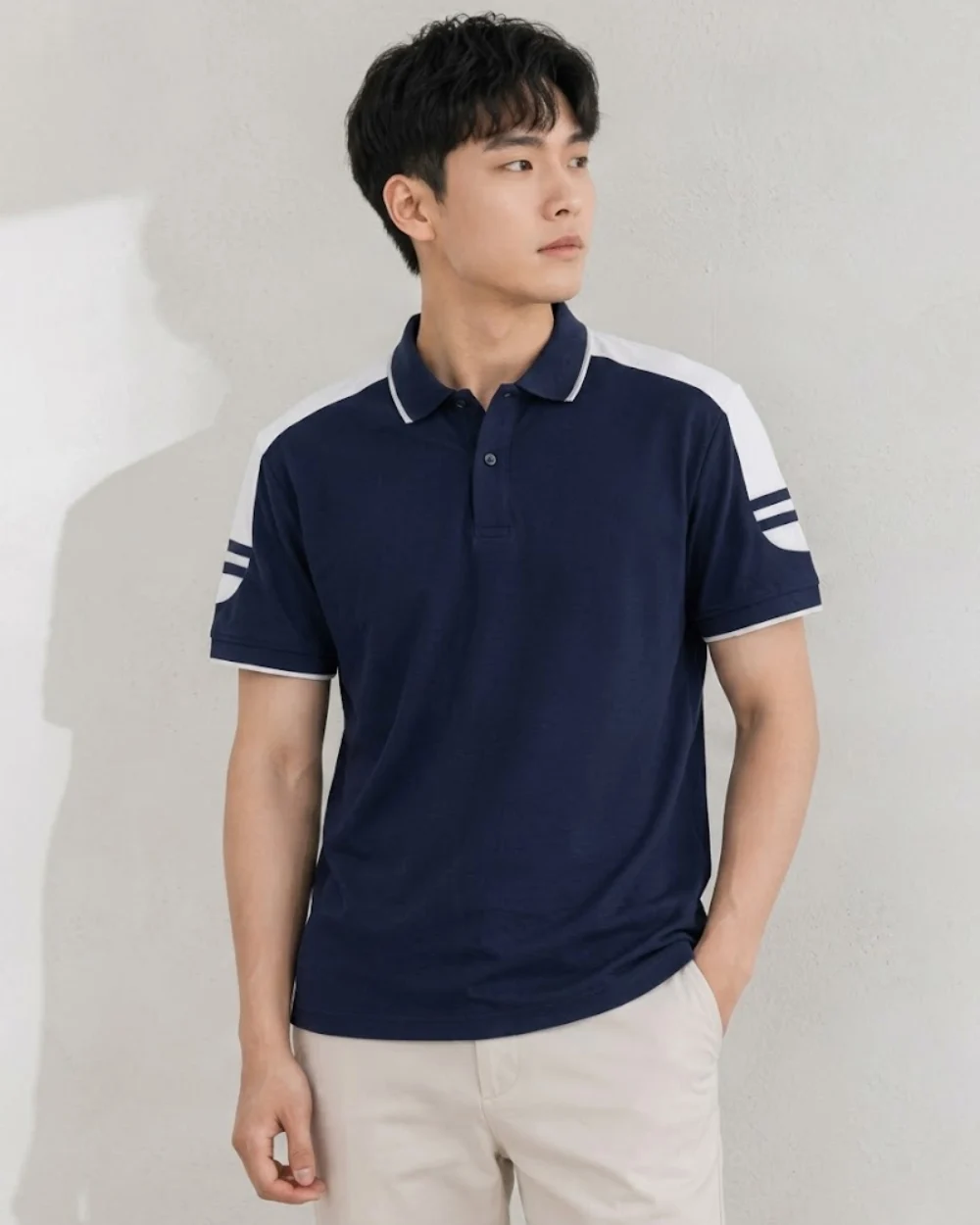 Áo Polo Đồng Phục Màu Xanh Navy Cầu Vai Trắng
