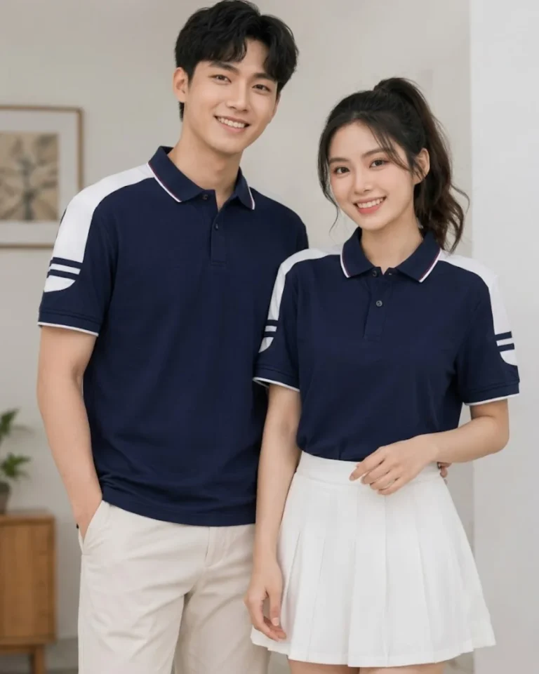 Áo Polo Đồng Phục Màu Xanh Navy Cầu Vai Trắng