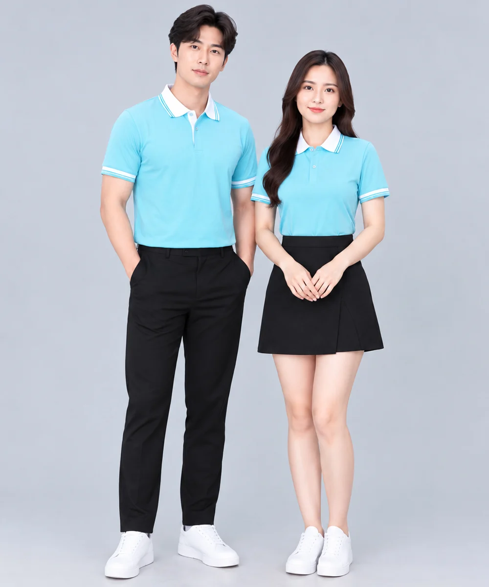 Áo Polo Đồng Phục Màu Xanh Nhạt Phối Cổ Trắng