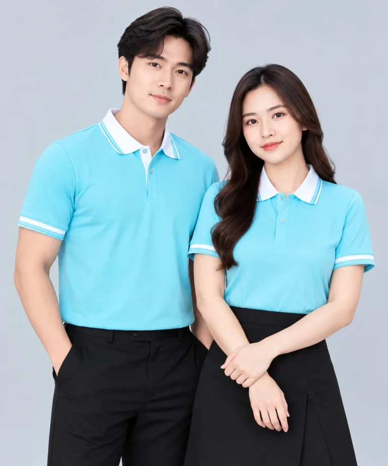 Áo Polo Đồng Phục Màu Xanh Nhạt Phối Cổ Trắng