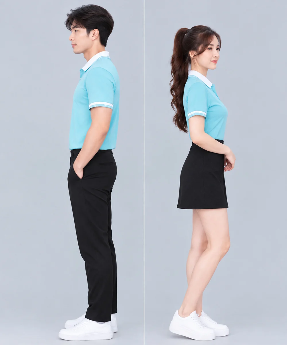 Áo Polo Đồng Phục Màu Xanh Nhạt Phối Cổ Trắng