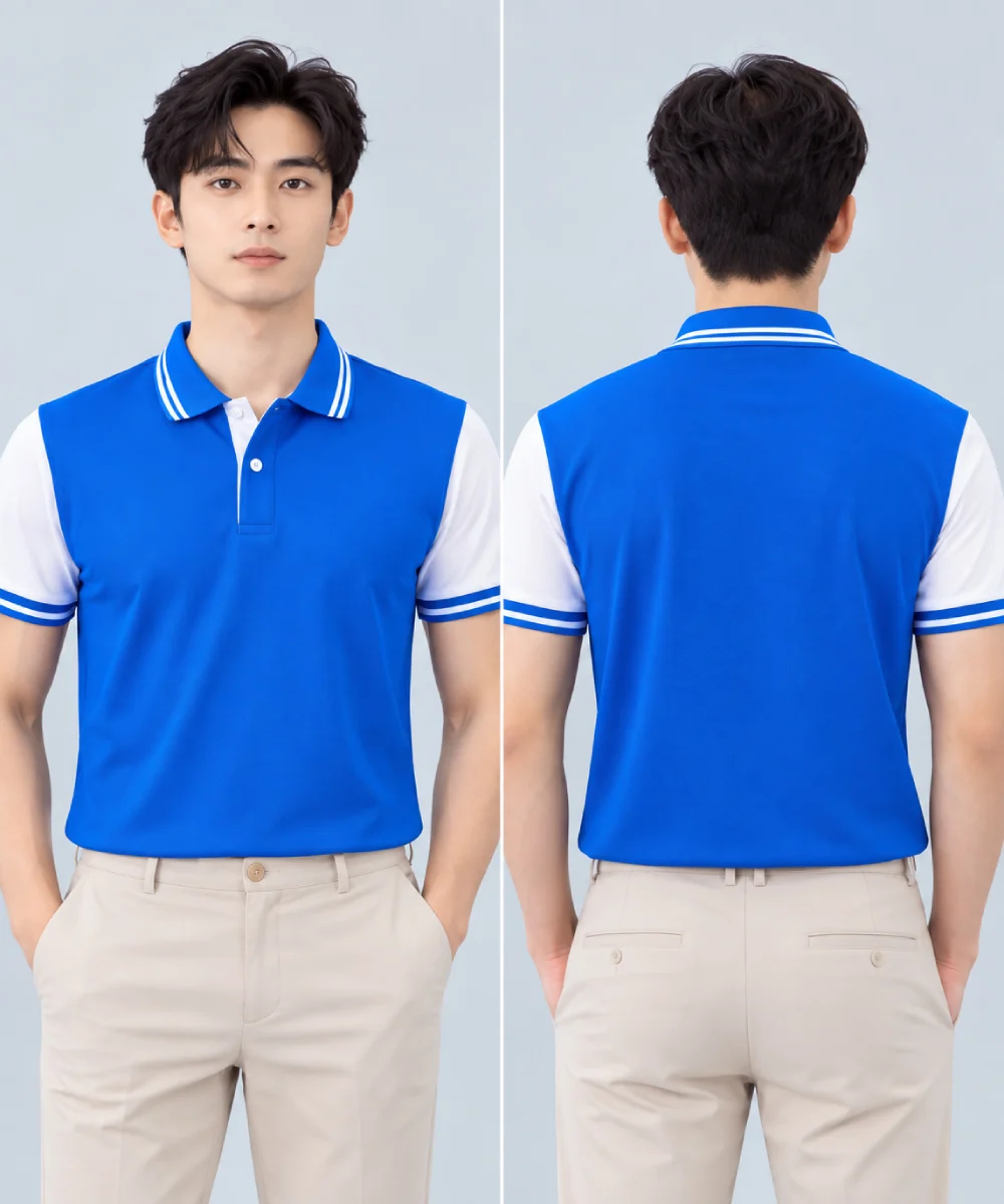 Áo Polo Đồng Phục Màu Xanh YA Phối Tay Trắng