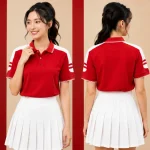 Áo Polo Đồng Phục Nam Nữ Màu Đỏ Cầu Vai Trắng
