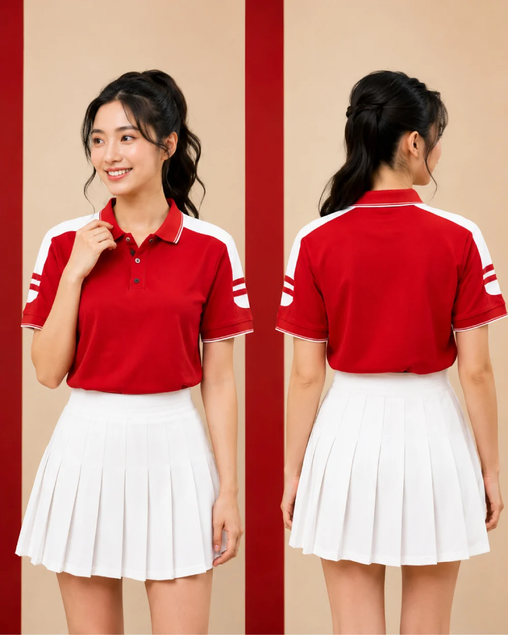 Áo Polo Đồng Phục Nam Nữ Màu Đỏ Cầu Vai Trắng