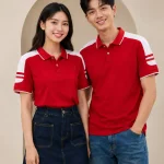 Áo Polo Đồng Phục Nam Nữ Màu Đỏ Cầu Vai Trắng