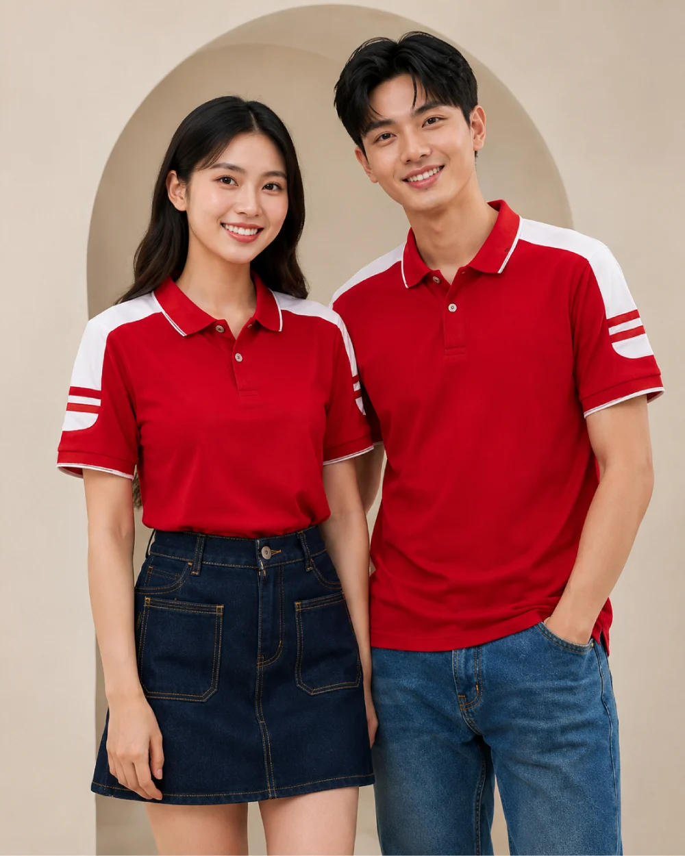 Áo Polo Đồng Phục Nam Nữ Màu Đỏ Cầu Vai Trắng