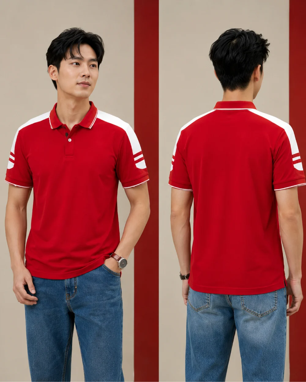 Áo Polo Đồng Phục Nam Nữ Màu Đỏ Cầu Vai Trắng