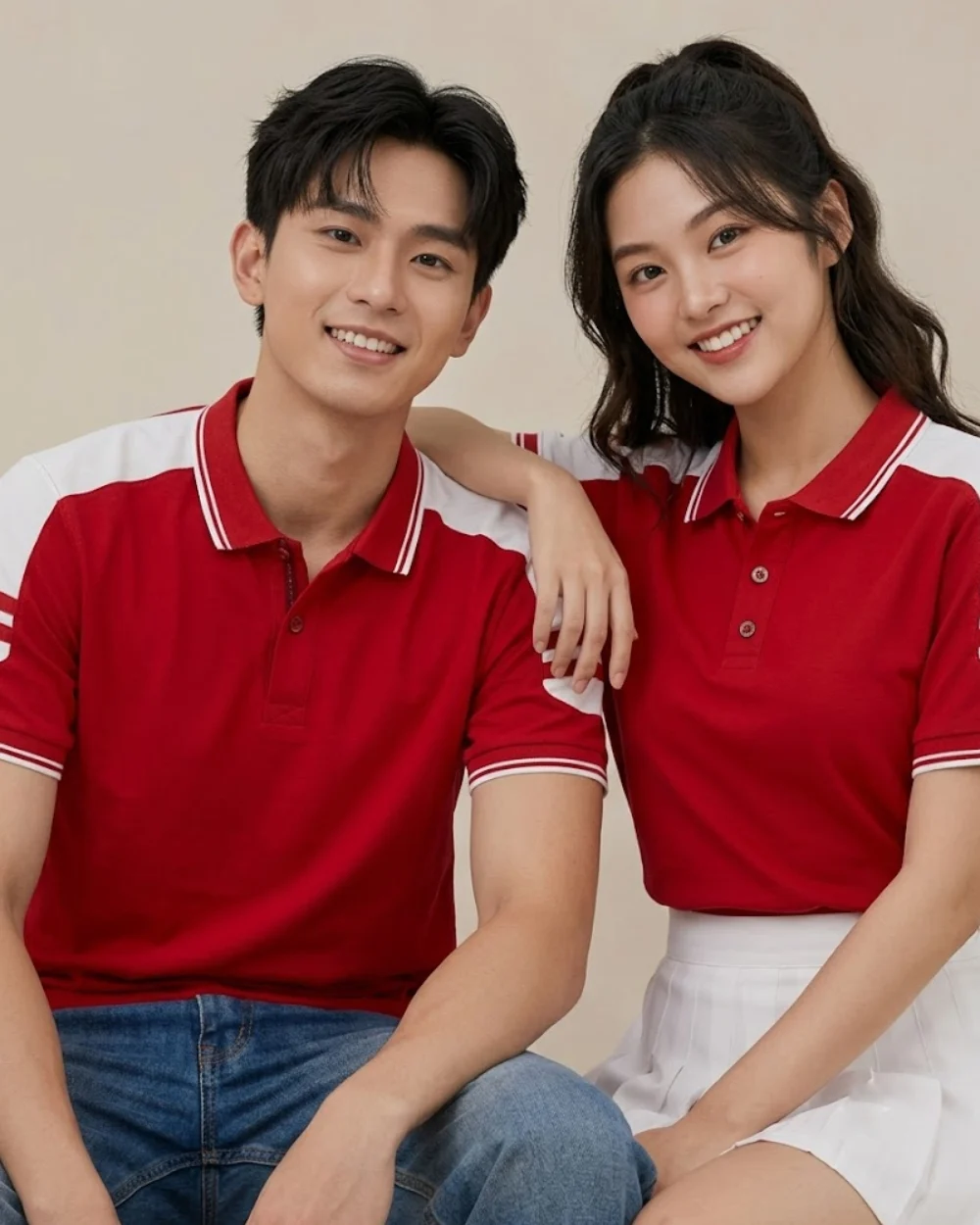 Áo Polo Đồng Phục Nam Nữ Màu Đỏ Cầu Vai Trắng
