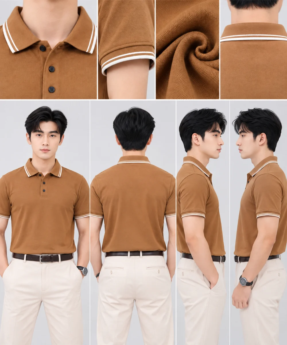Áo Polo Đồng Phục Ngắn Tay Màu Cà Phê Sữa Viền Trắng