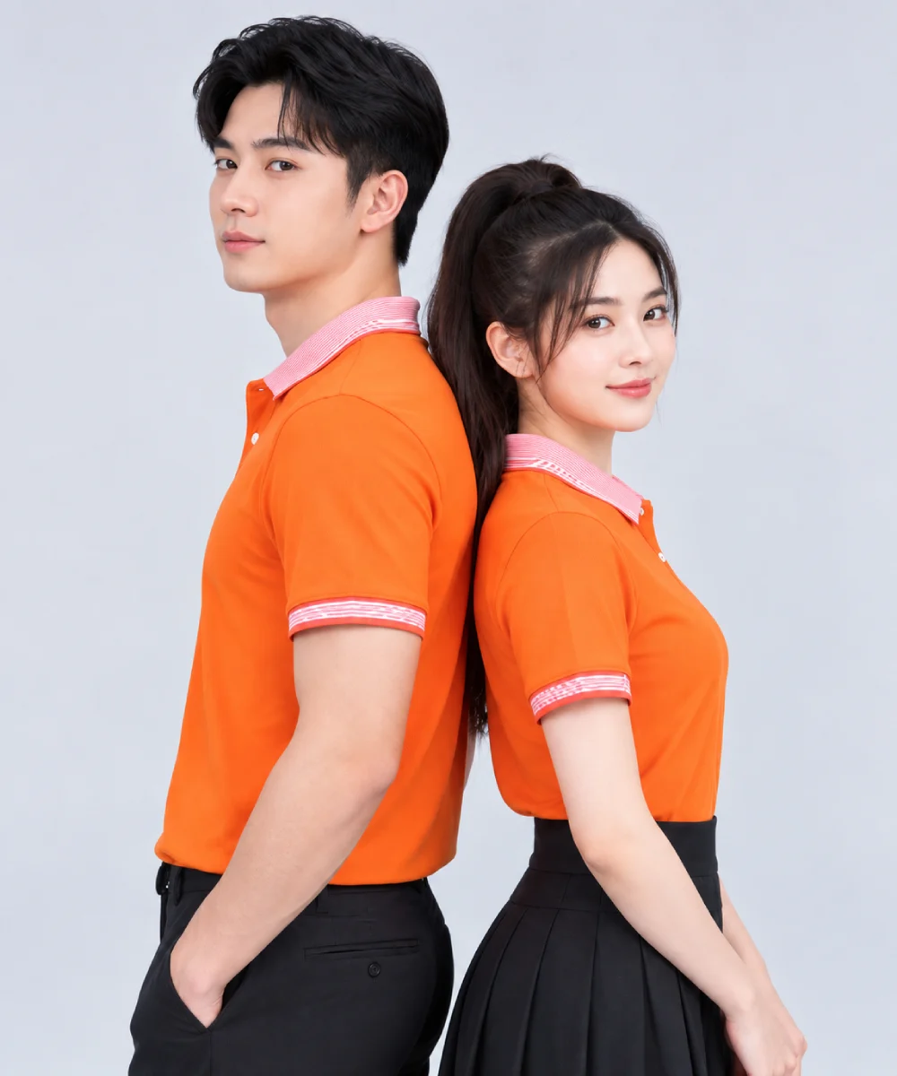 Áo Polo Đồng Phục Ngắn Tay Màu Cam Phối Cổ Viền Sọc