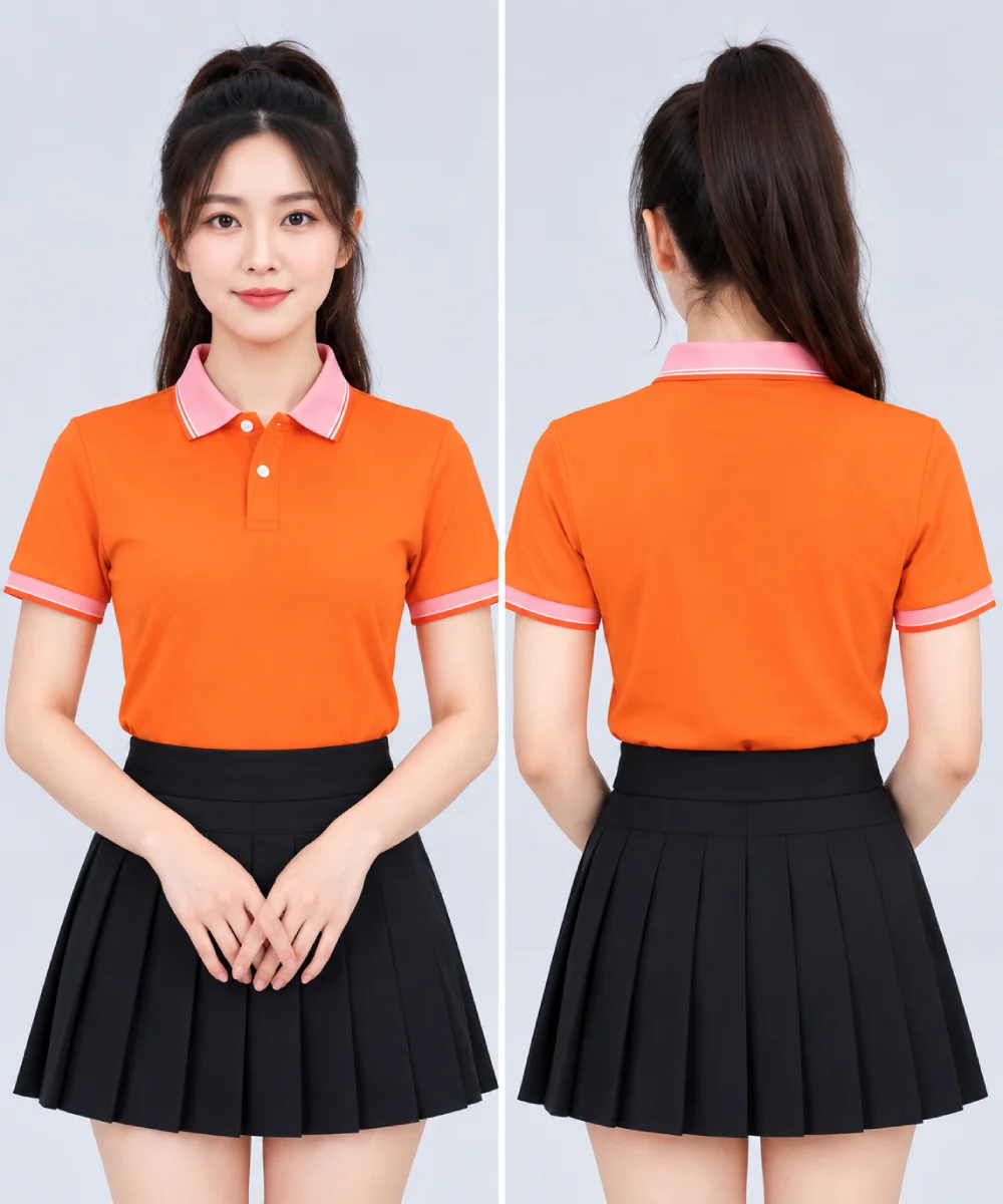 Áo Polo Đồng Phục Ngắn Tay Màu Cam Phối Cổ Viền Sọc