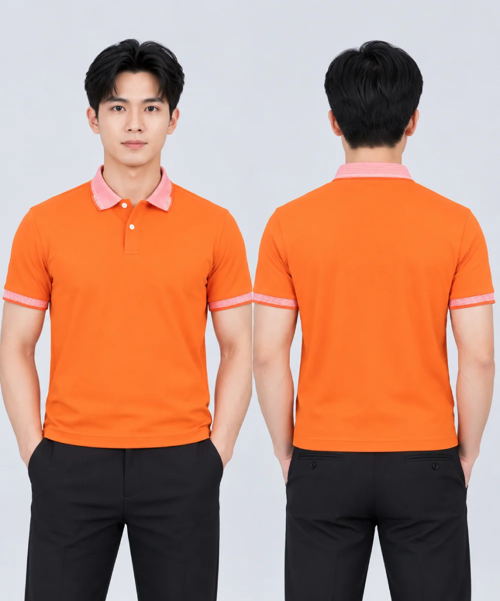 Áo Polo Đồng Phục Ngắn Tay Màu Cam Phối Cổ Viền Sọc