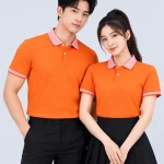 Áo Polo Đồng Phục Ngắn Tay Màu Cam Phối Cổ Viền Sọc