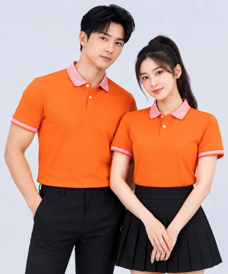 Áo Polo Đồng Phục Ngắn Tay Màu Cam Phối Cổ Viền Sọc