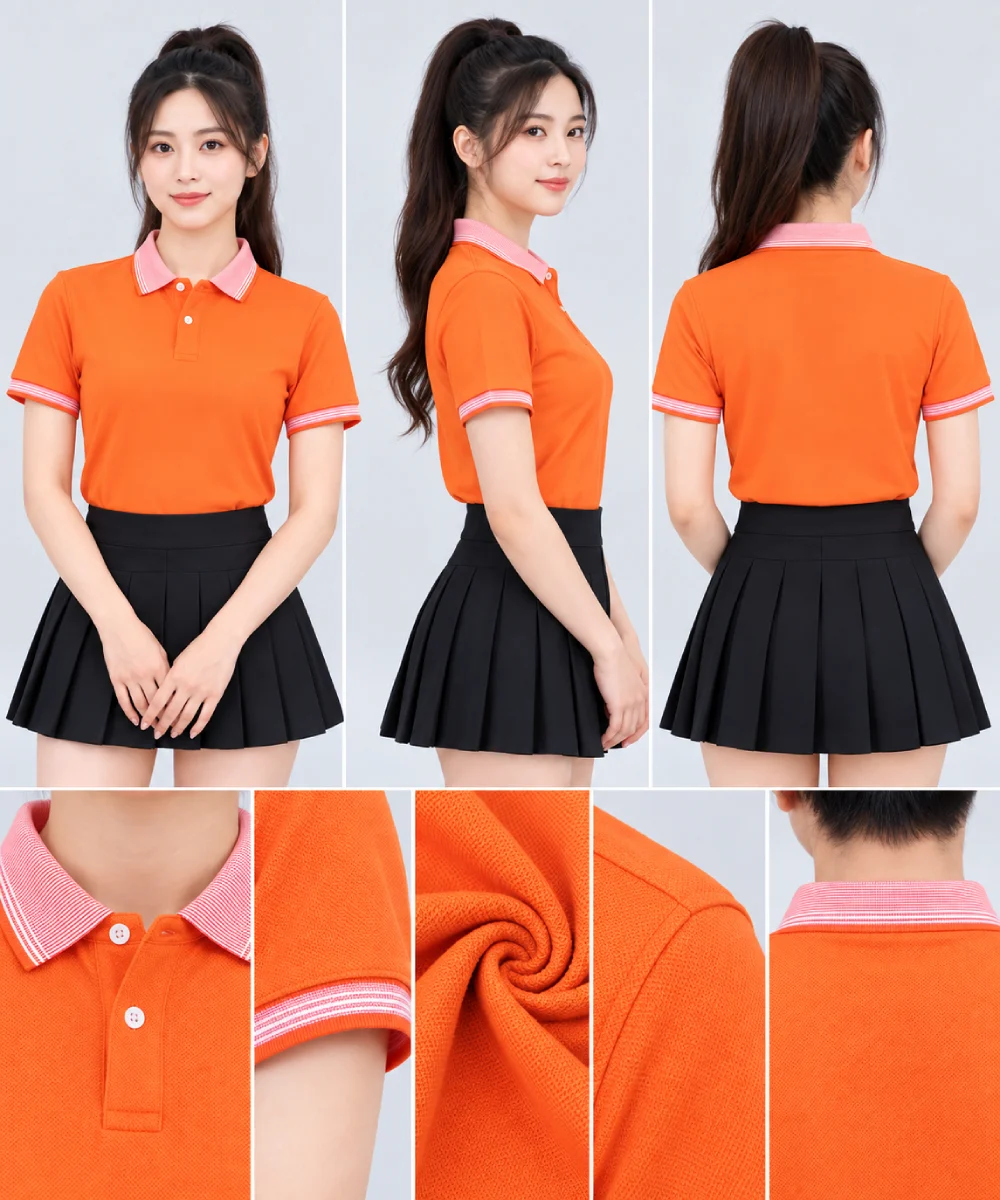 Áo Polo Đồng Phục Ngắn Tay Màu Cam Phối Cổ Viền Sọc