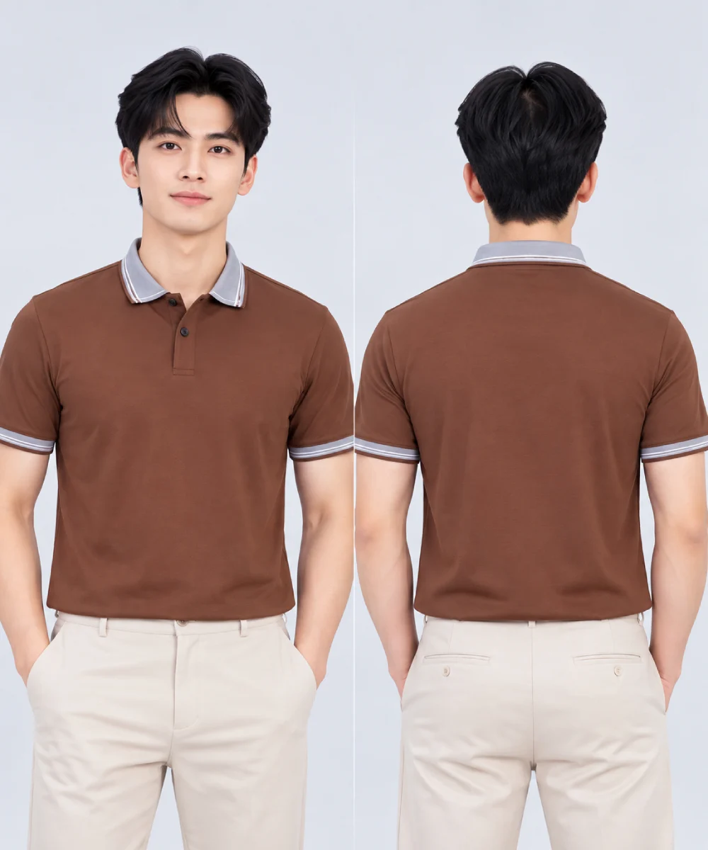 Áo Polo Đồng Phục Ngắn Tay Màu Nâu Phối Cổ Viền Sọc