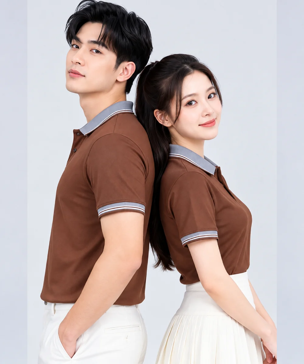 Áo Polo Đồng Phục Ngắn Tay Màu Nâu Phối Cổ Viền Sọc