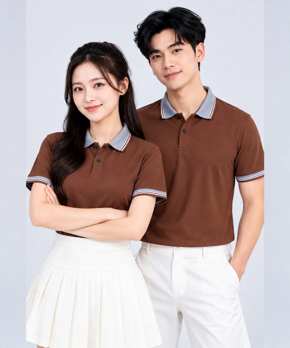 Áo Polo Đồng Phục Ngắn Tay Màu Nâu Phối Cổ Viền Sọc