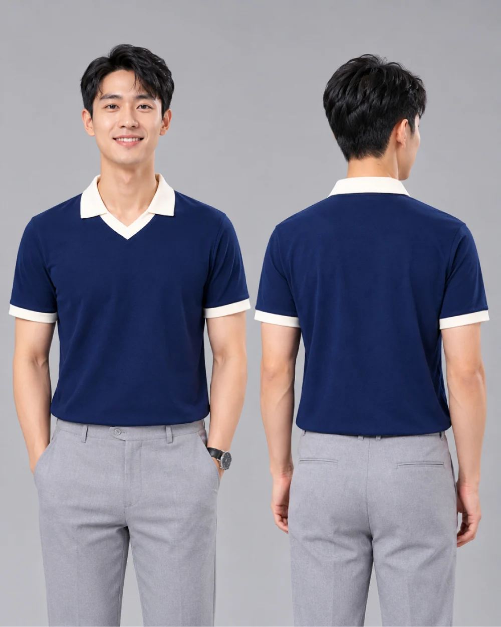 Áo Polo Đồng Phục Xanh Đen Cổ Tim Phối Be